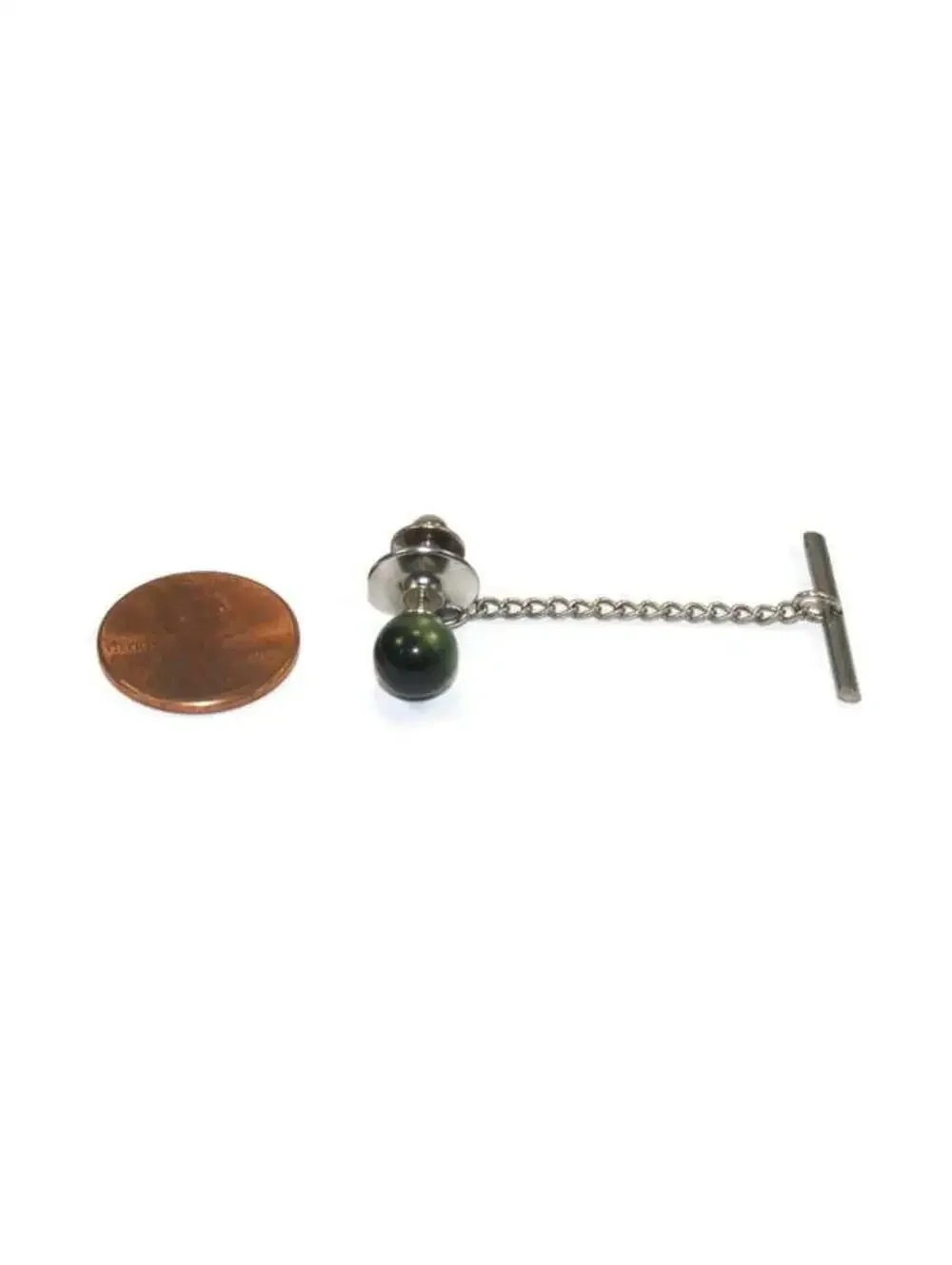 Vintage Silver Tone and Faux Cat's Eye Tourmaline Tie Tack with Chain.